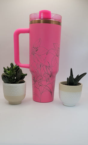 Tiger Lillies | Lilly Floral gift. Pink on copper base  40oz Double Wall Insulated Tumbler with Handles Gift for mom, Granny, sister