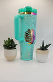 Monstera Leaves, Tropical garden - Teal on rainbow base  40oz Double Wall Insulated Tumbler with Handles Gift for mom, Granny, sister