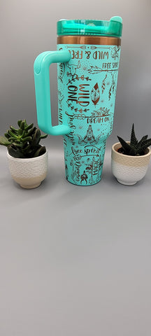 Wild one, dreamer, free soul, western. Teal on copper base  40oz Double Wall Insulated Tumbler with Handles Gift for mom, Granny, sister