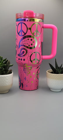 Boho, love, paisley Pink on rainbow base  40oz Double Wall Insulated Tumbler with Handles Gift for mom, Granny, sister