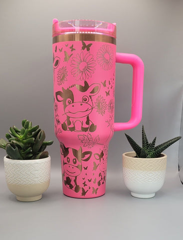 Cute cows Pink on copper base  40oz Double Wall Insulated Tumbler with Handles Gift for mom, sister