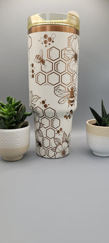 Honey Bees flower cream on copper base  40oz Double Wall Insulated Tumbler with Handles Gift for mom, Granny, sister