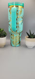 Sunset, Beach vibes,Tropical garden - Teal on rainbow base  40oz Double Wall Insulated Tumbler with Handles Gift for mom, Granny, sister