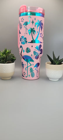 Flamingos, beach vibes, summer vaccation Pink on rainbow base  40oz Double Wall Insulated Tumbler with Handles Gift for mom, Granny, sister