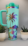 Sunset, Beach vibes,Tropical garden - Teal on rainbow base  40oz Double Wall Insulated Tumbler with Handles Gift for mom, Granny, sister