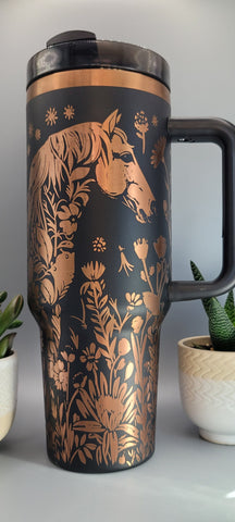 Horse and flowers, Horse Lover, Horseriding 40oz Double Wall Insulated Tumbler with Handles Gift for mom, sister