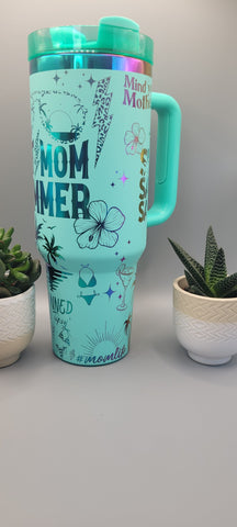 Hot Mom Beach bum, Beach vibes- Teal on rainbow base  40oz Double Wall Insulated Tumbler with Handles Gift for mom, Granny, sister