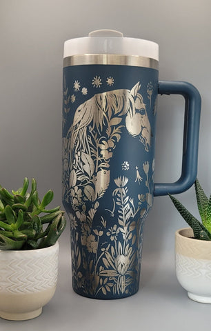 Horse Floral , Horse and flowers, 40oz Double Wall Insulated Tumbler with Handles Gift for mom, Granny, sister,horse Lover