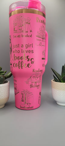 Book lover, girl who loves books Pink on copper base  40oz Double Wall Insulated Tumbler with Handles Gift for mom, sister