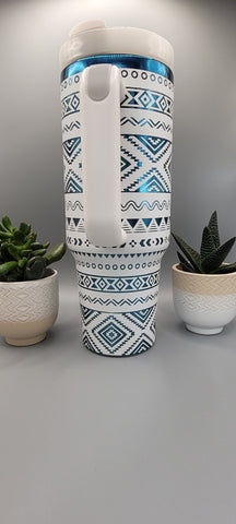 Aztec, Ndebele, geometric pattern, white on blue base  40oz Double Wall Insulated Tumbler with Handles Gift for mom, sister