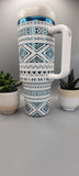 Aztec, Ndebele, geometric pattern, white on blue base  40oz Double Wall Insulated Tumbler with Handles Gift for mom, sister