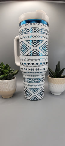 Aztec, Ndebele, geometric pattern, white on blue base  40oz Double Wall Insulated Tumbler with Handles Gift for mom, sister