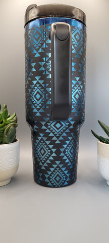 Aztec, Ndebele, geometric pattern, Black on blue base  40oz Double Wall Insulated Tumbler with Handles Gift for mom, sister