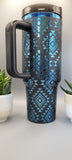 Aztec, Ndebele, geometric pattern, Black on blue base  40oz Double Wall Insulated Tumbler with Handles Gift for mom, sister