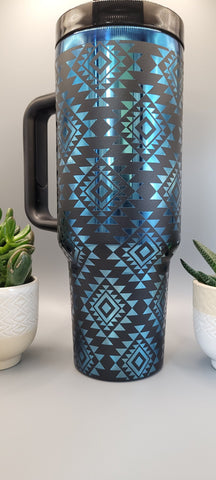 Aztec, Ndebele, geometric pattern, Black on blue base  40oz Double Wall Insulated Tumbler with Handles Gift for mom, sister