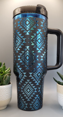 Aztec, Ndebele, geometric pattern, Black on blue base  40oz Double Wall Insulated Tumbler with Handles Gift for mom, sister