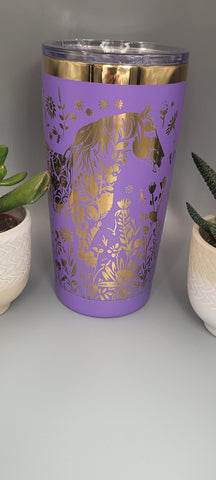 Horse and flowers Laser Engraved 20oz Double Wall Insulated Tumbler Travel mug,Seamless Tumbler ,Gift for daughter, niece, Friend