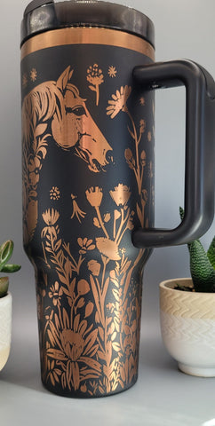 Horse and flowers, Horse Lover, Horseriding 40oz Double Wall Insulated Tumbler with Handles Gift for mom, sister