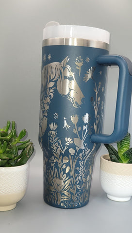 Horse Floral , Horse and flowers, 40oz Double Wall Insulated Tumbler with Handles Gift for mom, Granny, sister,horse Lover