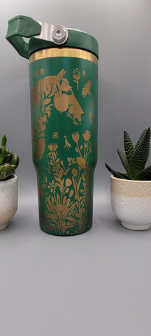 Horse and flowers Laser Engraved 30oz Double Wall Insulated Tumbler Custom Seamless Tumbler