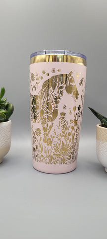 Horse and flowers pink and gold  Laser Engraved 20oz Double Wall Insulated Tumbler Travel mug,Seamless Tumbler ,Gift