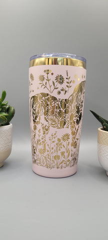 Horse and flowers pink and gold  Laser Engraved 20oz Double Wall Insulated Tumbler Travel mug,Seamless Tumbler ,Gift