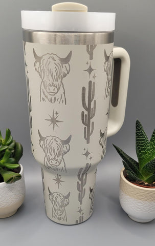 Cow, country and western, cactus 40oz Double Wall Insulated Tumbler with Handles Gift for mom, Granny, sister, Niece