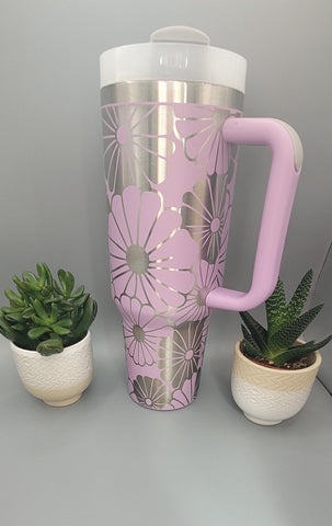 Flowers  40oz Double Wall Insulated Tumbler with Handles Gift for mom, Granny,  see images Not seamless