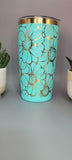 Daisy, sunflower flowers teal and gold  Laser Engraved 20oz Double Wall Insulated Tumbler Travel mug,Seamless Tumbler ,Gift