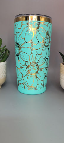 Daisy, sunflower flowers teal and gold  Laser Engraved 20oz Double Wall Insulated Tumbler Travel mug,Seamless Tumbler ,Gift