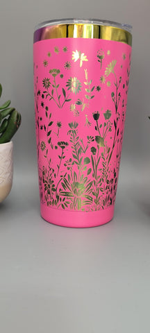 Horse and flowers pink and rainbow  Laser Engraved 20oz Double Wall Insulated Tumbler Travel mug,Seamless Tumbler ,Gift