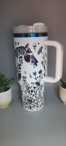 Horse and flowers, Horse Lover, Horseriding 40oz Double Wall Insulated Tumbler with Handles Gift for mom, sister