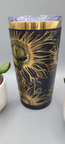 Sunflower, flowers, black and gold Laser Engraved 20oz Double Wall Insulated Tumbler Travel mug,Seamless Tumbler ,Gift for daughter, niece