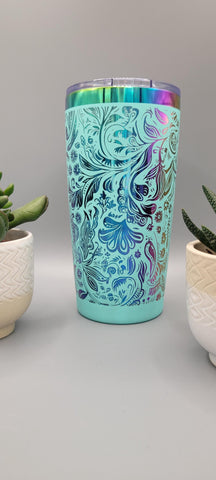 Paisley, floral teal and rainbow Laser Engraved 20oz Double Wall Insulated Tumbler Travel mug,Seamless Tumbler ,Gift for daughter, niece