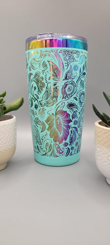 Paisley, floral teal and rainbow Laser Engraved 20oz Double Wall Insulated Tumbler Travel mug,Seamless Tumbler ,Gift for daughter, niece