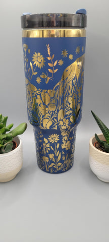 Horse and flowers, Horse Lover, Horseriding  Blue and gold 40oz Double Wall Insulated Tumbler with Handles Gift for mom, sister