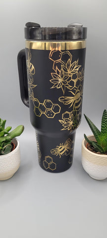 Bumble Bees, Honey bees Black and gold 40oz Double Wall Insulated Tumbler with Handles Gift for mom, sister