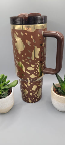 Cowhide, cows Brown and gold 40oz Double Wall Insulated Tumbler with Handles Gift for mom, sister