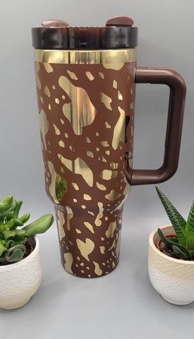 Cowhide, cows Brown and gold 40oz Double Wall Insulated Tumbler with Handles Gift for mom, sister