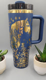 Horse and flowers, Horse Lover, Horseriding  Blue and gold 40oz Double Wall Insulated Tumbler with Handles Gift for mom, sister