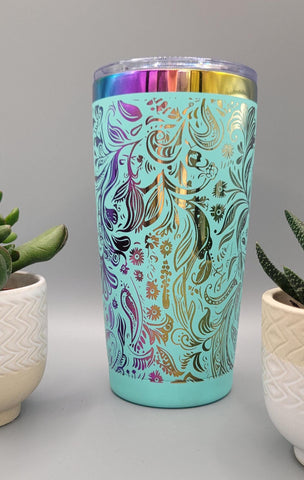 Paisley, floral teal and rainbow Laser Engraved 20oz Double Wall Insulated Tumbler Travel mug,Seamless Tumbler ,Gift for daughter, niece