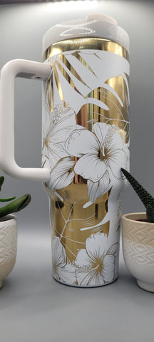 Hibiscus flowers white with gold 40oz Double Wall Insulated Tumbler with Handles Gift for mom, sister