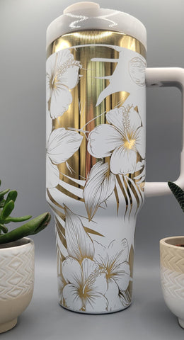 Hibiscus flowers white with gold 40oz Double Wall Insulated Tumbler with Handles Gift for mom, sister