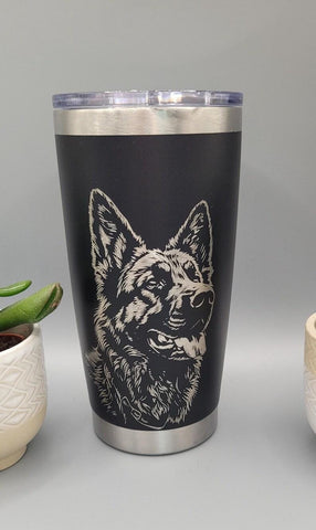 German Shepherd Laser Engraved 20oz Double Wall Insulated Tumbler Travel mug, Seamless Tumbler ,Gift for mum