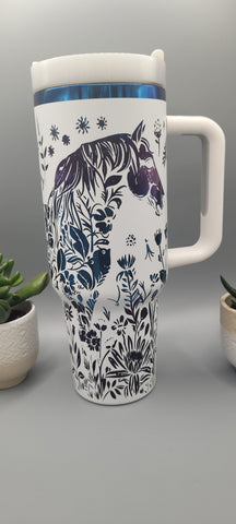 Horse and flowers, Horse Lover, Horseriding 40oz Double Wall Insulated Tumbler with Handles Gift for mom, sister