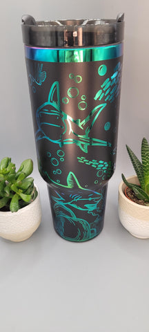 Sharks, hammerhead, great white, under the sea black and green blue 40oz Double Wall Insulated Tumbler with Handles Gift for mom, sister