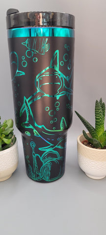 Sharks, hammerhead, great white, under the sea black and green blue 40oz Double Wall Insulated Tumbler with Handles Gift for mom, sister