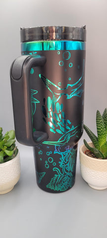 Sharks, hammerhead, great white, under the sea black and green blue 40oz Double Wall Insulated Tumbler with Handles Gift for mom, sister