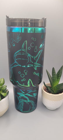 Sharks, hammerhead, great white, under the sea black and green blue 40oz Double Wall Insulated Tumbler with Handles Gift for mom, sister