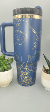 Stingray, under the see, ocean theme, blue and gold 40oz Double Wall Insulated Tumbler with Handles Gift for mom, sister